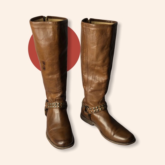 FRYE Phillip Studded Harness Tall Boot Soft Brown, Size 8 - Picture 4 of 16